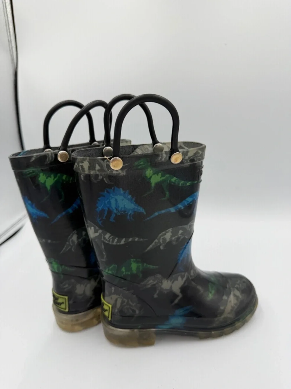Western Chief Toddler Boy 8 Black Rain Boots Blue & Green Dinosaurs Handles